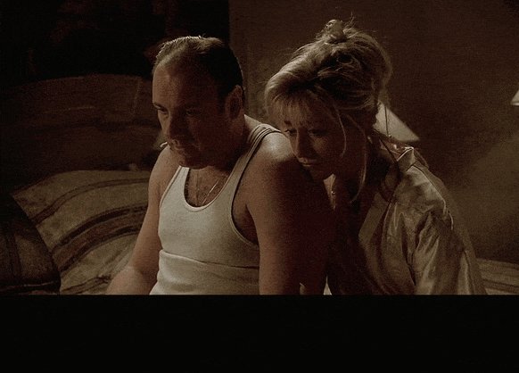 James Gandolfini in The Sopranos (1999), captioned "Cunnilingus and psychiatry brought us to this.", Regretful and Reflective reaction animated GIF