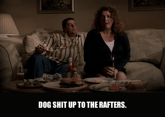 James Gandolfini in The Sopranos (1999), captioned "Dog shit up to the rafters.", Exasperated and Disgusted reaction animated GIF