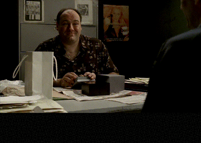 Robert Funaro and James Gandolfini in The Sopranos (1999), captioned "She left me an inheritance, Ton'. Just over two mil.", Hopeful and Nervous reaction animated GIF