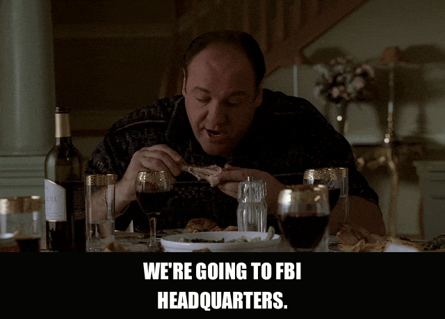 James Gandolfini in The Sopranos (1999), captioned "We're going to FBI headquarters.", Matter-Of-Fact and Stern reaction animated GIF