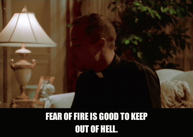 Paul Schulze in The Sopranos (1999), captioned "Fear of fire is good to keep out of hell.", Wry and Reflective reaction animated GIF