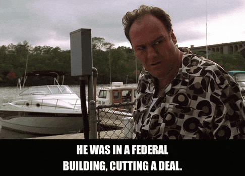 James Gandolfini in The Sopranos (1999), captioned "He was in a Federal building, cutting a deal.", Suspicious and Serious reaction animated GIF
