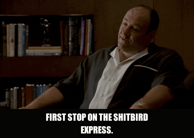 James Gandolfini in The Sopranos (1999), captioned "First stop on the Shitbird Express.", Dismissive and Amused reaction animated GIF