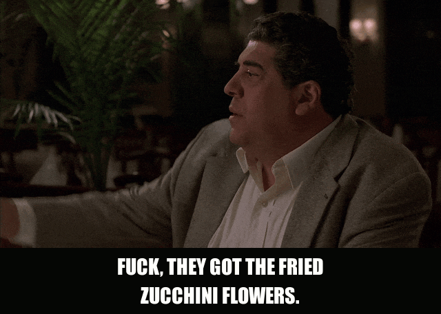 Vincent Pastore in The Sopranos (1999), captioned "Fuck, they got the fried zucchini flowers.", Excited and Delighted reaction animated GIF