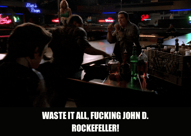 James Gandolfini in The Sopranos (1999), captioned "Waste it all, fucking John D. Rockefeller!", Enraged and Sarcastic reaction animated GIF