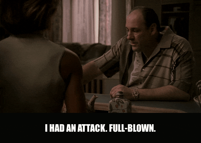 James Gandolfini in The Sopranos (1999), captioned "I had an attack. Full-blown.", Serious and Shaken reaction animated GIF