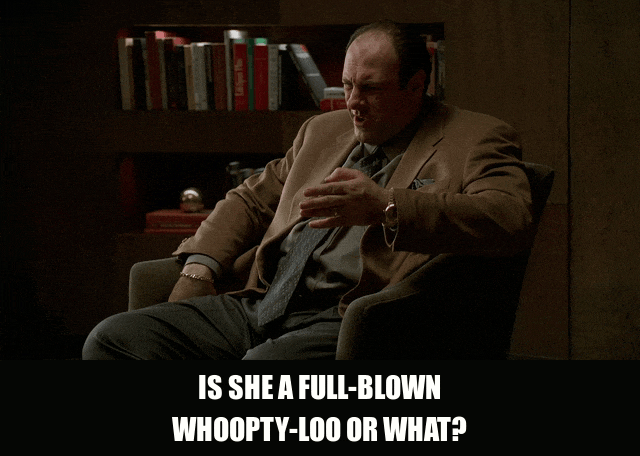 James Gandolfini in The Sopranos (1999), captioned "Is she a full-blown whoopty-loo or what?", Curious and Dismissive reaction animated GIF