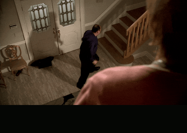 Edie Falco and James Gandolfini in The Sopranos (1999), captioned "Don't come up here! Get the fuck out of this house!", Furious and Raging reaction animated GIF