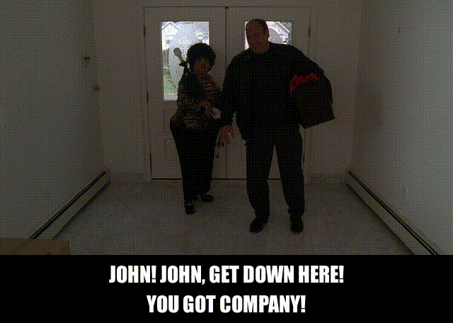 Denise Borino-Quinn and James Gandolfini in The Sopranos (1999), captioned "John! John, get down here! You got company!", Welcoming and Busy reaction animated GIF