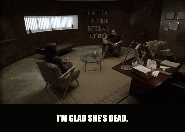 James Gandolfini in The Sopranos (1999), captioned "I'm glad she's dead.", Relieved and Disturbing reaction animated GIF