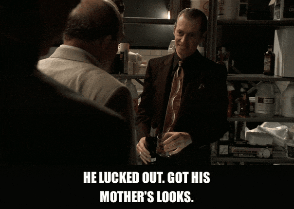 Steve Buscemi in The Sopranos (1999), captioned "He lucked out. Got his mother's looks.", Wry and Amused reaction animated GIF