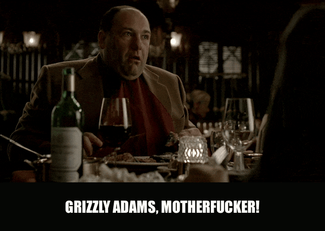 Grizzly Adams Motherfucker from The Sopranos (1999), captioned "Grizzly Adams, motherfucker!", Mocking and Amused reaction animated GIF