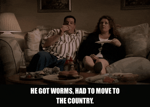James Gandolfini in The Sopranos (1999), captioned "He got worms, had to move to the country.", Casual and Matter-Of-Fact reaction animated GIF