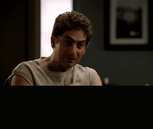 James Gandolfini and Michael Imperioli in The Sopranos (1999), captioned "The way you fucking eat, you're gonna have a heart attack by the time you're 50.", Defiant and Mocking reaction animated GIF