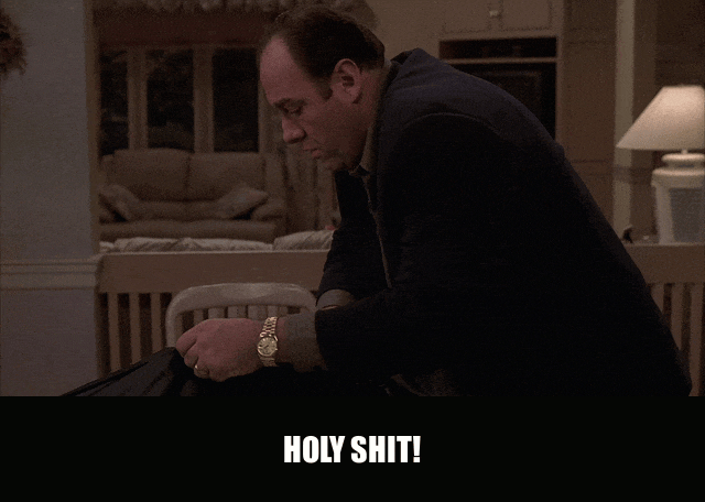 James Gandolfini in The Sopranos (1999), captioned "Holy shit!", Shocked and Surprised reaction animated GIF