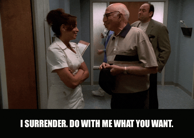Dominic Chianese in The Sopranos (1999), captioned "I surrender. Do with me what you want.", Flirty and Playful reaction animated GIF