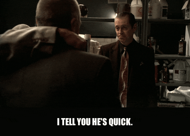 Steve Buscemi in The Sopranos (1999), captioned "I tell you he's quick.", Amused and Proud reaction animated GIF