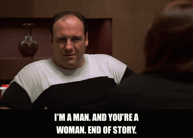 James Gandolfini in The Sopranos (1999), captioned "I'm a man. And you're a woman. End of story.", Defensive and Assertive reaction animated GIF