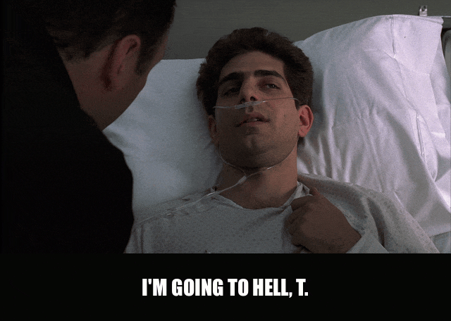 Michael Imperioli in The Sopranos (1999), captioned "I'm going to hell, T.", Frightened and Vulnerable reaction animated GIF