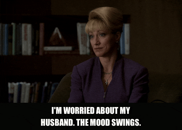 Edie Falco in The Sopranos (1999), captioned "I'm worried about my husband. The mood swings.", Worried and Earnest reaction animated GIF