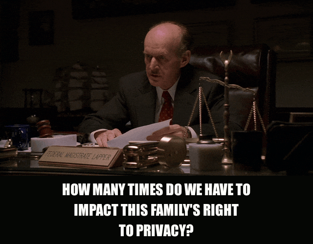 Impact Their Privacy from The Sopranos (1999), captioned "How many times do we have to impact this family's right to privacy?", Exasperated and Incredulous reaction animated GIF