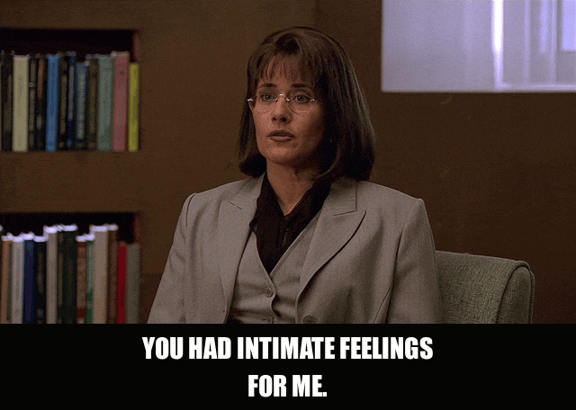 Lorraine Bracco in The Sopranos (1999), captioned "You had intimate feelings for me.", Probing and Direct reaction animated GIF