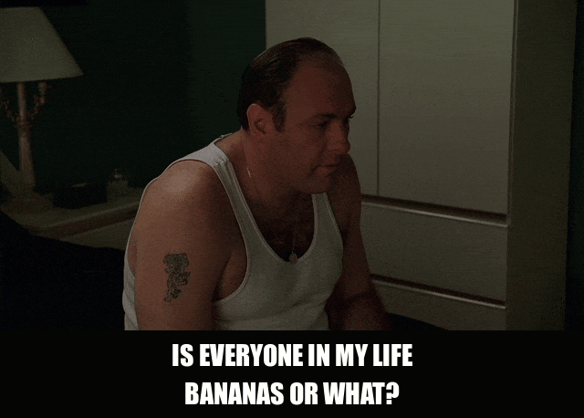 James Gandolfini in The Sopranos (1999), captioned "Is everyone in my life bananas or what?", Exasperated and Frustrated reaction animated GIF