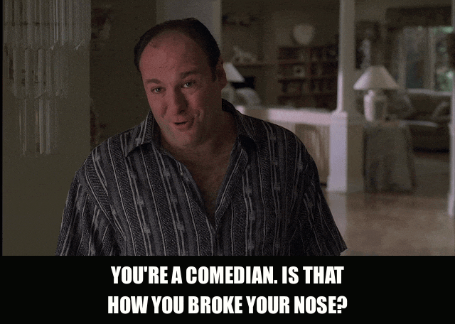 James Gandolfini in The Sopranos (1999), captioned "You're a comedian. Is that how you broke your nose?", Smug and Amused reaction animated GIF