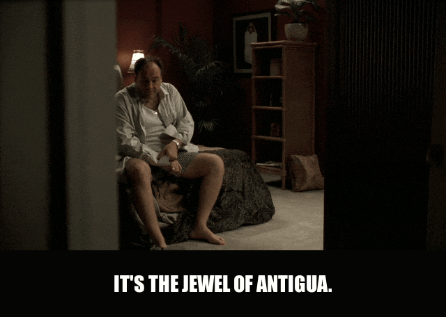 Jewel of Antigua from The Sopranos (1999), captioned "It's the jewel of Antigua.", Enthusiastic and Deadpan reaction animated GIF