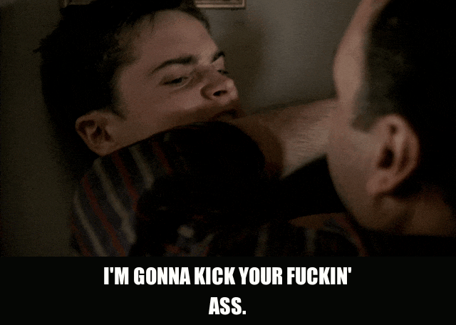 James Gandolfini in The Sopranos (1999), captioned "I'm gonna kick your fuckin' ass.", Furious and Threatening reaction animated GIF
