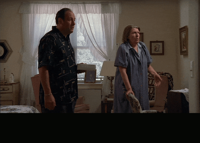 Nancy Marchand in The Sopranos (1999), captioned "Water, water, water! I'm living next door to Gunga Din!", Irritated and Exasperated reaction animated GIF