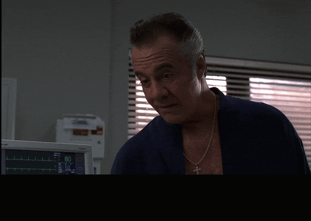 Michael Imperioli and James Gandolfini in The Sopranos (1999), captioned "This fucking morphine drip. I don't think it's working. I don't feel a fucking thing.", Groggy and Frustrated reaction animated GIF