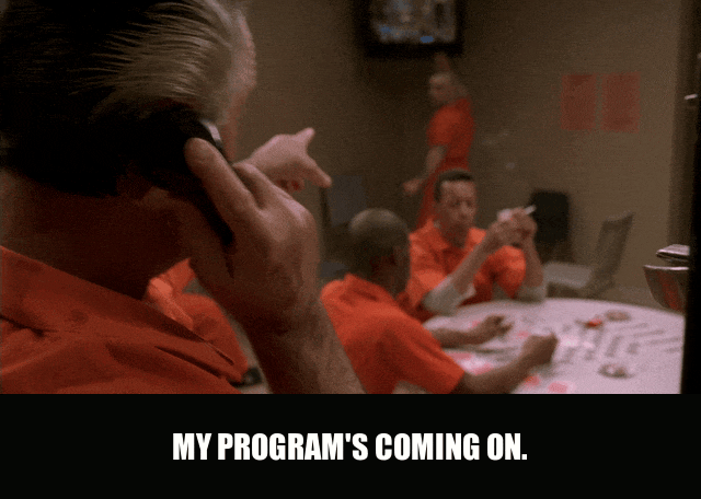 Tony Sirico in The Sopranos (1999), captioned "My program's coming on.", Cranky and Territorial reaction animated GIF