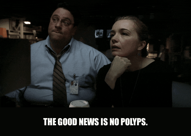 No Polyps from The Sopranos (1999), captioned "The good news is no polyps.", Relief and Dry Humor reaction animated GIF