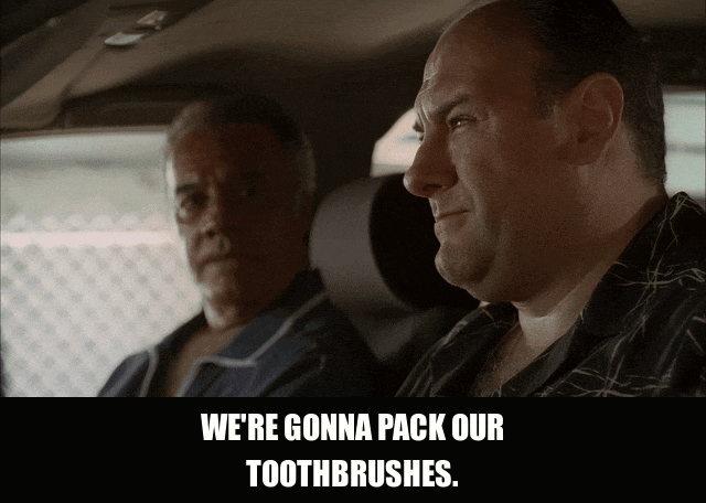 James Gandolfini in The Sopranos (1999), captioned "We're gonna pack our toothbrushes.", Decisive and Stoic reaction animated GIF