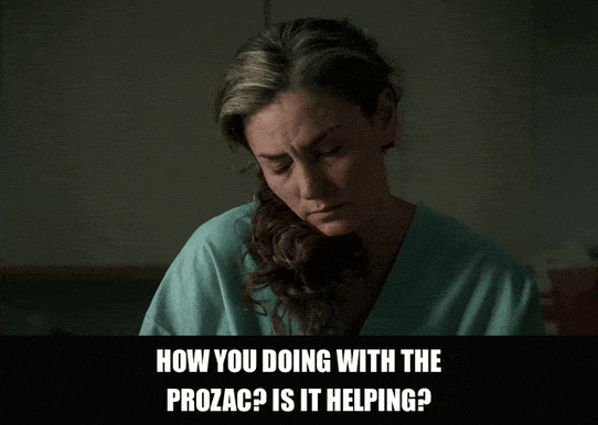 Lorraine Bracco in The Sopranos (1999), captioned "How you doing with the Prozac? Is it helping?", Concern and Clinical reaction animated GIF