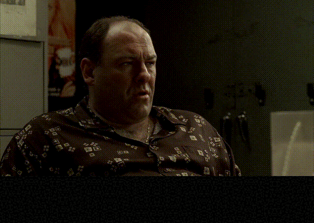 Robert Funaro and James Gandolfini in The Sopranos (1999), captioned "Retiring there, actually. Retiring? What, are you a hockey player?", Tentative and Awkward reaction animated GIF