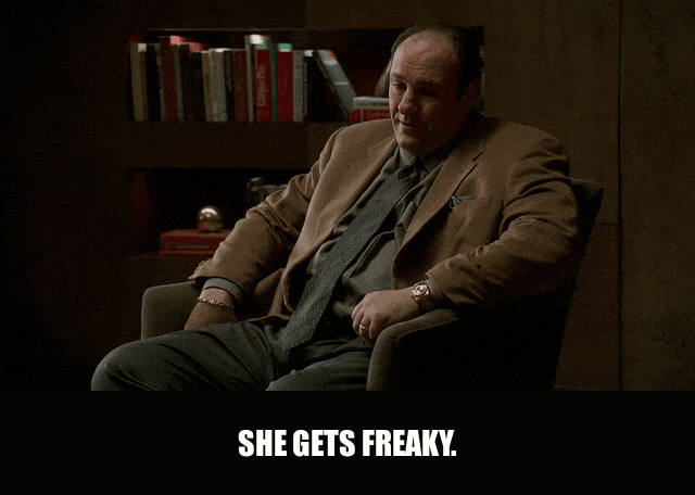 James Gandolfini in The Sopranos (1999), captioned "She gets freaky.", Amused and Sly reaction animated GIF