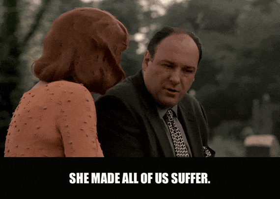 James Gandolfini in The Sopranos (1999), captioned "She made all of us suffer.", Sardonic and Bitter reaction animated GIF