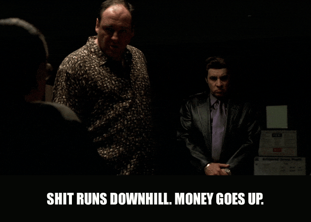 James Gandolfini in The Sopranos (1999), captioned "Shit runs downhill. Money goes up.", Stern and Lecturing reaction animated GIF