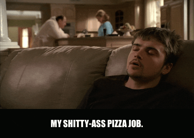 Robert Iler in The Sopranos (1999), captioned "My shitty-ass pizza job.", Irritated and Self-Pity reaction animated GIF