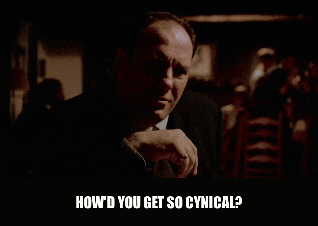 James Gandolfini in The Sopranos (1999), captioned "How'd you get so cynical?", Amused and Playful reaction animated GIF