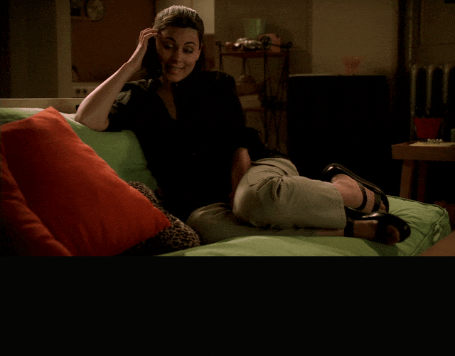 Jamie-Lynn Sigler and Edie Falco in The Sopranos (1999), captioned "It's kind of near my birthday and I was thinking we'd do our tradition. Go to the plaza for tea, under Eloise's picture.", Warm and Hopeful reaction animated GIF
