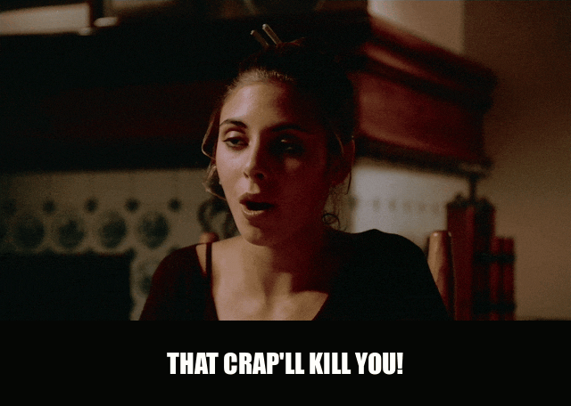 James Gandolfini in The Sopranos (1999), captioned "That crap'll kill you!", Alarmed and Stern reaction animated GIF