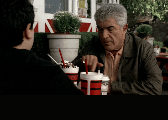Frank Vincent in The Sopranos (1999), captioned "Finish that thing. There's no eating in the car.", Stern and Annoyed reaction animated GIF
