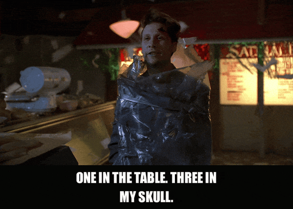 Michael Imperioli in The Sopranos (1999), captioned "One in the table. Three in my skull.", Haunted and Deadpan reaction animated GIF