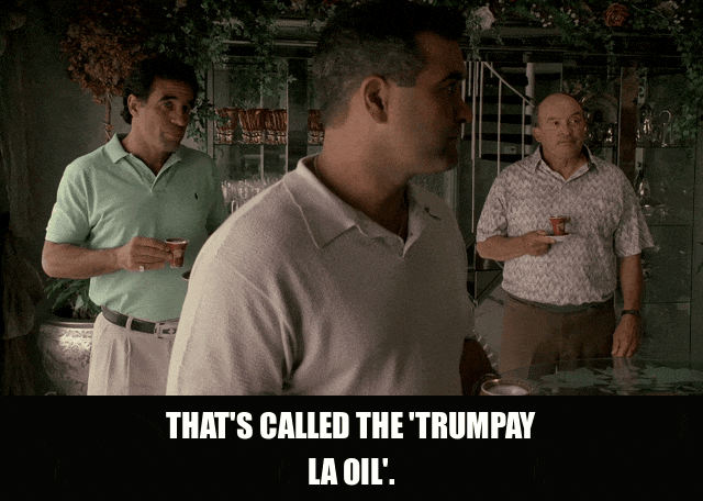 Trompe L'Oil from The Sopranos (1999), captioned "That's called the 'Trumpay la oil'.", Proud and Oblivious reaction animated GIF