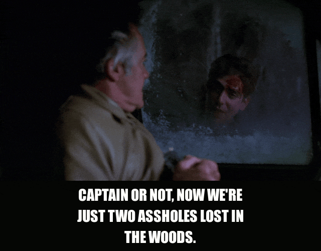 Michael Imperioli in The Sopranos (1999), captioned "Captain or not, now we're just two assholes lost in the woods.", Defiance and Frustration reaction animated GIF