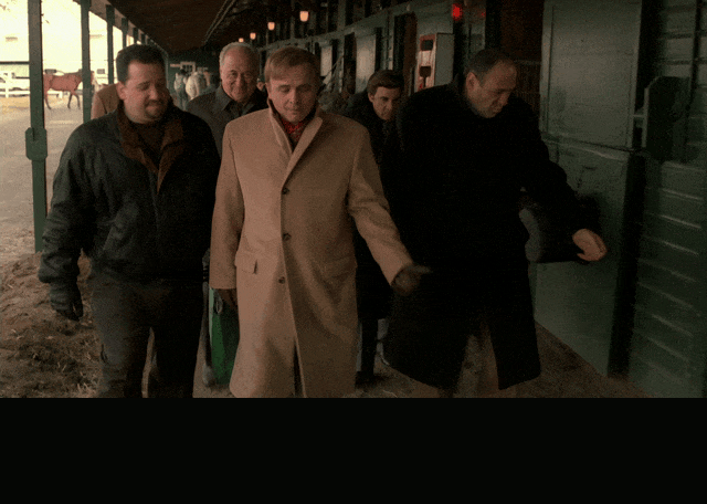 James Gandolfini in The Sopranos (1999), captioned "No, Ton, watch out for the goat. It butts.", Amused and Wary reaction animated GIF