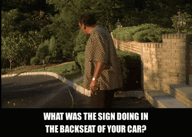 James Gandolfini in The Sopranos (1999), captioned "What was the sign doing in the backseat of your car?", Suspicious and Confrontational reaction animated GIF